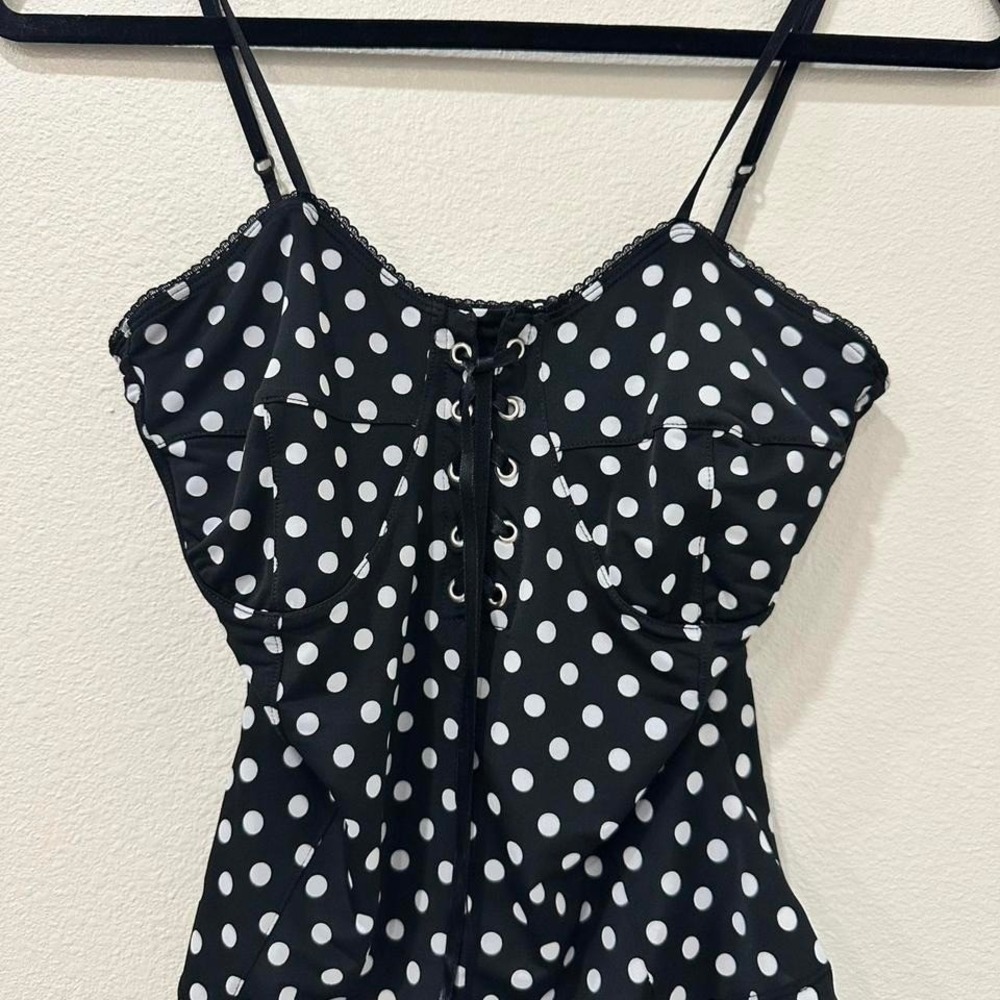 Y2k Studio F. Size Small. Black and white polka dot dress with lace up Front